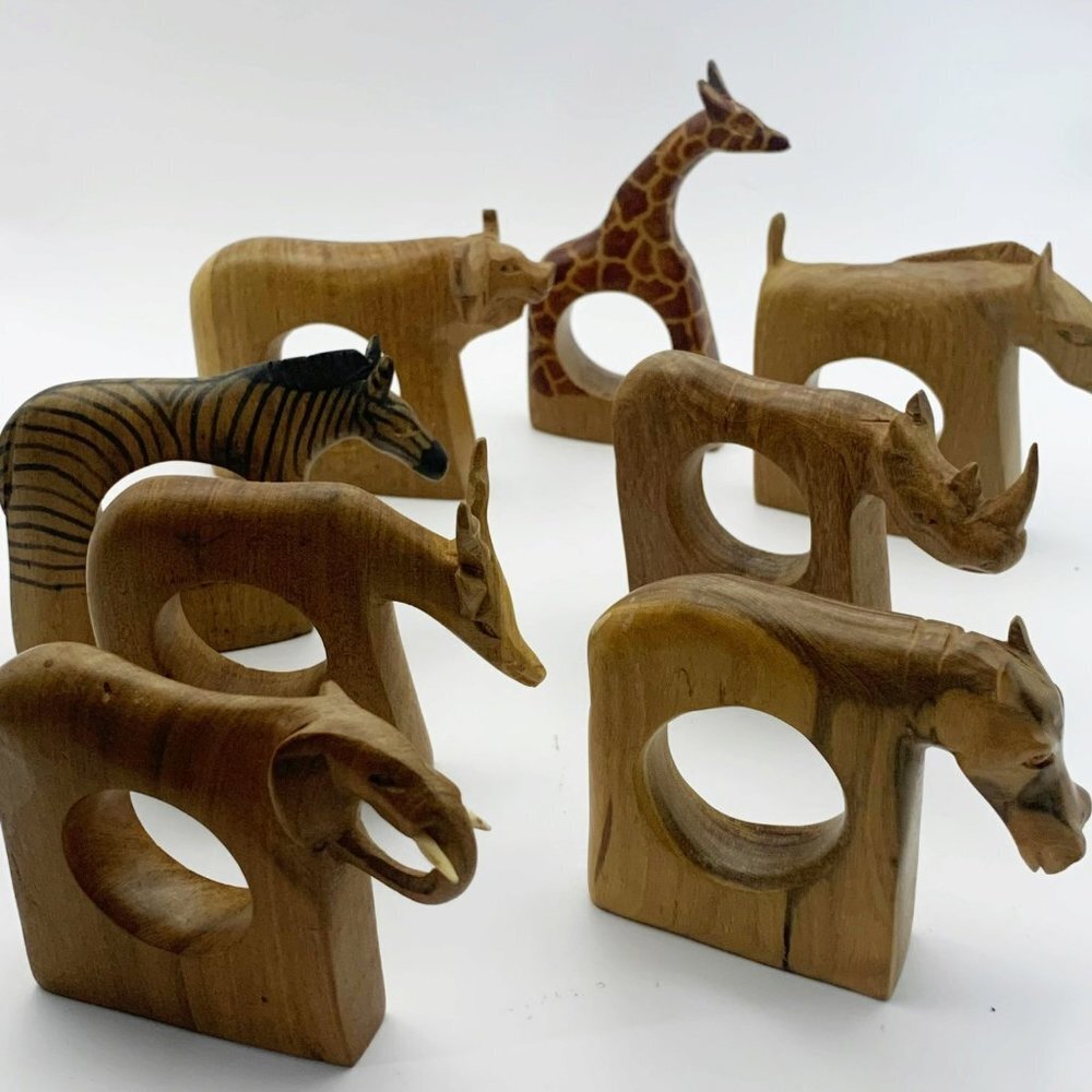 Vintage Hand Carved Wood African Safari Napkin Ring Holders 8pc